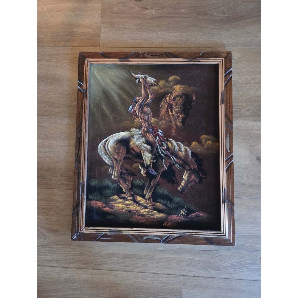 Vintage 70s Black Velvet Painting Native American Warrior‎ Buffalo Spirit Signed